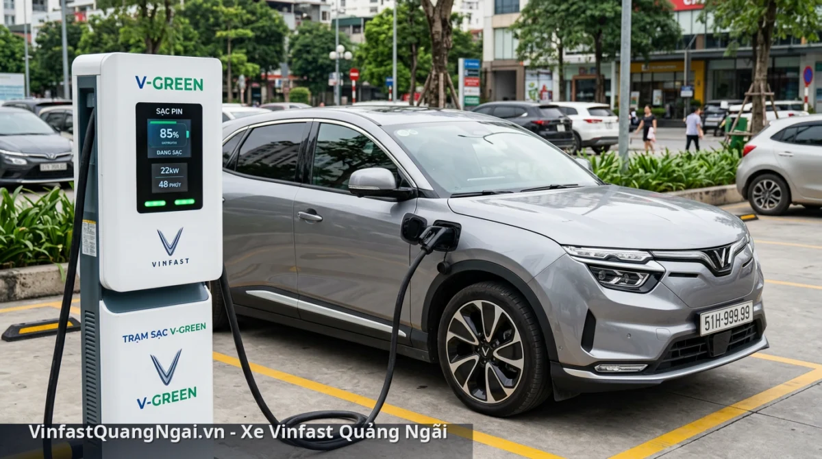 Quang cảnh sạc pin xe điện VinFast tại hệ thống trạm sạc công cộng - chi phí nuôi xe điện vinfast