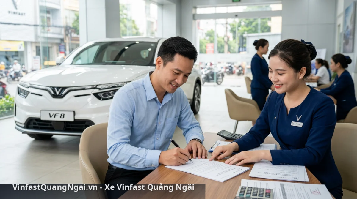 Khách hàng hoàn thiện thủ tục giao dịch xe VinFast tại showroom - thủ tục vay mua ô tô vinfast